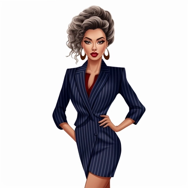 match this image style and render a full body perspective of a confident business woman in a navy pinstripe suit, shapely legs and and navy heels, 2d clipart illustration, white background