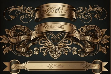Vintage ribbon banners and scrolls with forked and curved ends in engraving style + decorative ribbon vector, clipart, luxury crepuscular rustic gold + design by James Jean