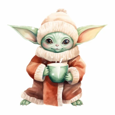 white background Clipart watercolour style cute Christmas baby yoda wearing a fluffy Santa suit and hat drinking a mug of hot chocolate