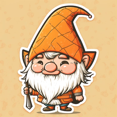cute chibi happy gnome with big white beard, wearing big orange spike hat, clipart, in sticker style, in comics style, cell shading