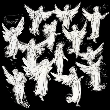 sketch clipart of group of flying angels, hd, white on black background, spaced out,--ar 3:2