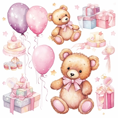 Clipart image, baby girl birthday party, clothes for princess, mix of poses and expressions, cakes, balloon, bear plushies, space out, cute, little princess, white pink inspired, white background