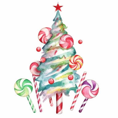 Playful watercolor clipart of a Christmas tree with candy canes, capturing the playful and fun side of the holiday season, with vibrant colors and soft details, perfect for a holiday-themed t-shirt design, delightful and charming, high-quality illustration, hand-painted with love, a great addition to any project.