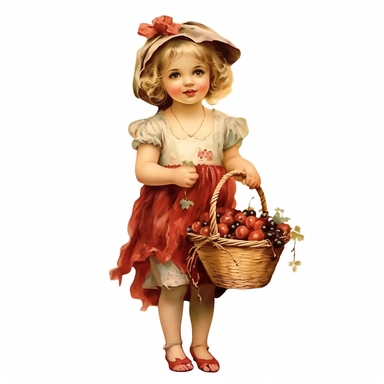 vintage clipart whimsical adorable little with basket full of cherries, full body, clipart style, accurate details, oil painting technique, super high quality, professional watercolor clipart, high resolution