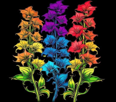 6 tattoo art style botanical larkspur, black defined outlines, high details, clipart, hd, isolated on black background, spaced out, vibrant rainbow colors