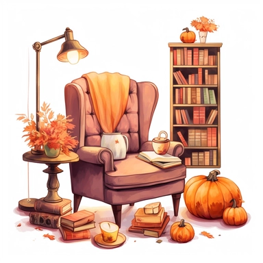 A fall setting with a cozy chair, pumpkin spice latte, books, candles and thematic assets. On white background, golden hour, pixel art , style by Lucy Fleming, watercolor, smooth gradients, black contour outline, ultra detailed, clipart elements, delicate pastel colors, solid white background, super clear, high quality