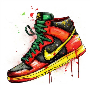 side view red and green Nike shoes with yellow Stitching black shoelaces shiny vector clipart art in comic book style hand drawn water paint on a white background