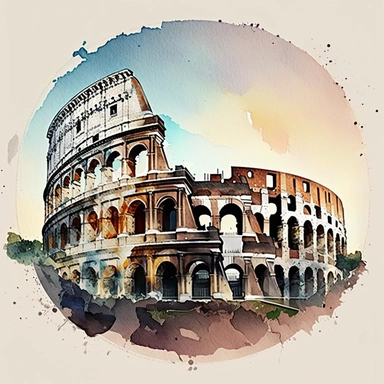 watercolour cartoon style, high resolution, 300 dpi, graphic clipart, computer graphics, removable background, the building is built in the shape of a colosseum, in the style of anamorphic lens flare, impressive panoramas, leica cl, romantic ruins, light sky-blue and black