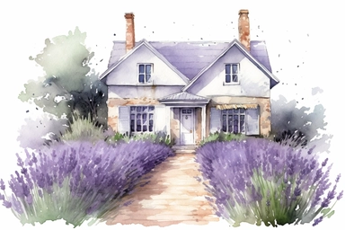 Watercolor lavender cottage,farmhouse style, Clipart, detailed watercolor illustration isolated on white background, sharp lines, with margins, ultra realistic with high details, art decals, clipart, distinct lineart, video game resource icon, illustrated album