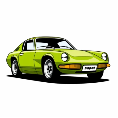 A stylized clipart representation of the 1975 Saab Sonett III in a 3/4 front view. The car's unique design is emphasized with sleek, curved lines and minimal detailing. The lime green color of the vehicle creates a vibrant and eye-catching presence against the pure white background. The angular headlights and distinctive grille are simplified into geometric shapes, while the body of the car is depicted with smooth curves. The wheels are represented as circular forms, and the overall composition 