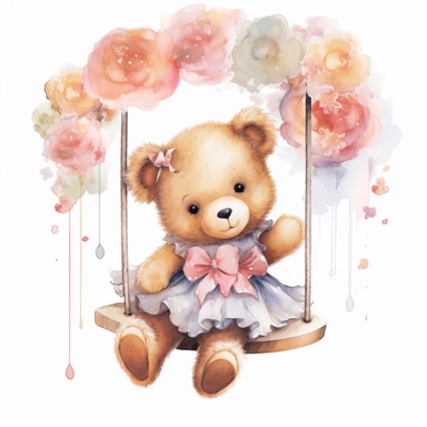 an ultra cute baby girl teddy bear wearing a tutu sitting on a swing, flower bomb, beautiful flowers, summer, Watercolor white background clipart