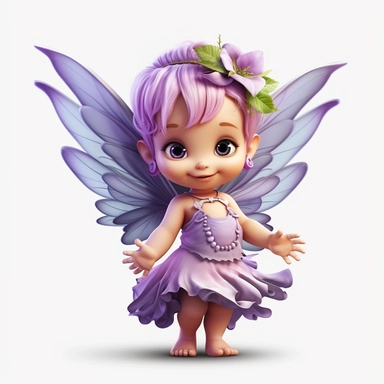 a beautiful happy baby fairy girl, purple flowered dress, blue eyes, highly detailed image, full body image, big wings, pixar style, clipart, white background,