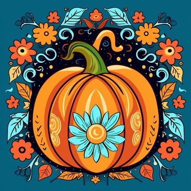 Design a pumpkin clipart inspired by folk art and folklore, where each section depicts a different cultural pattern associated with the autumn season. Explore patterns like paisley, rosemaling, or geometric motifs that symbolize harvest traditions and folklore from different regions.
