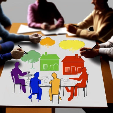 a community writes a neighborhood plan together, many hands on the planning document. each person is a different bright primary color in a clipart style.