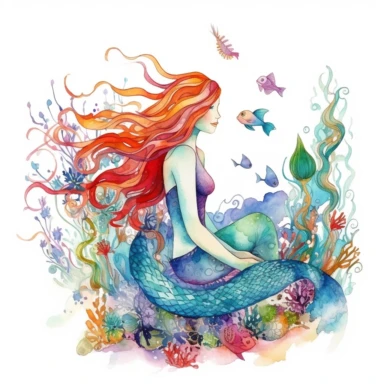 A watercolor clipart of a mermaid with long flowing hair, with petals all around, sitting on a rock in the ocean, vibrant colors birds background hope wishfulness luck positive energy breathtaking image Intricate details insanely defined