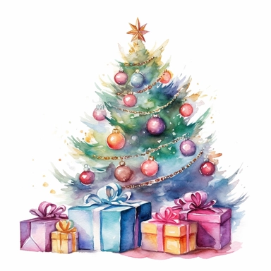 watercolor christmas tree with baubles and gifts, bright tree lights, vibrant colors, add glitter, clipart image, on a white background