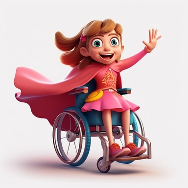 cinematic establishing pixar style cartoon shot full body view clipart - 7 year old american girl in a wheelchair with beautiful hair in summer, beautiful big eyes shining, smiling, superhero princess clothes with cape , arms up celebrating, very bright, light edging, crisp detail