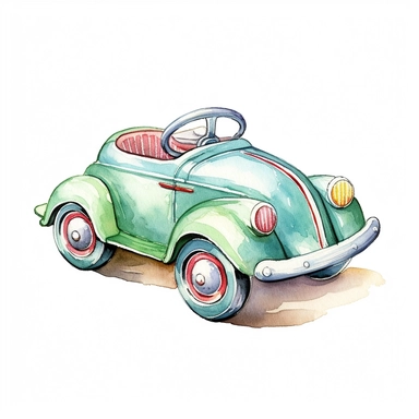Vintage Hand painted pastel clipart of a pull along toy car in the style of vintage nursery kitsch Lefton, retro midcentury 1950’s, white background, contour
