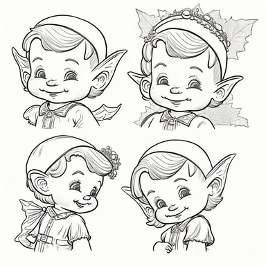 clip art coloring book page for toddler. four different images of an Elf. white background. simple line drawing. very low detail.