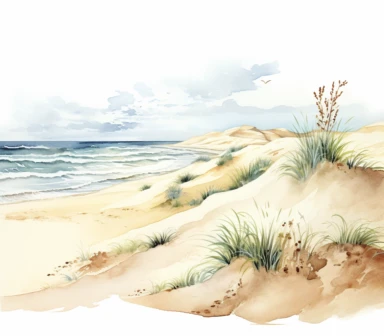 watercolor of the beach and dune clipart, in the style of nature-inspired imagery, hand-drawn animation, uhd image, bec winnel, lush and detailed, layered composition, jacek malczewski, white background