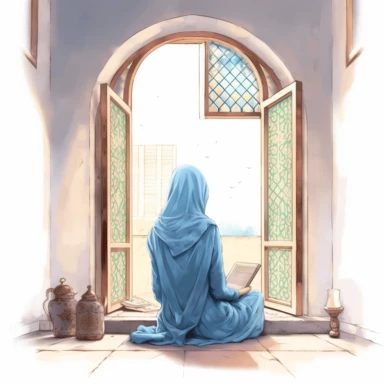 back view of a beautiful Hijabi girl wearing a baby blue hijab, reading a book that covers her face while is sitting in her moroccan house and a window is open, no face is showing, watercolor digital clipart illustration, very detailed,
