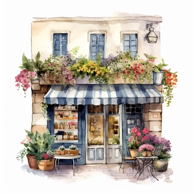 watercolor clipart flower shop , France, view from above ,single object,png,transparent ,watercolor styles, white background for removing background- - no text shadow font watermark