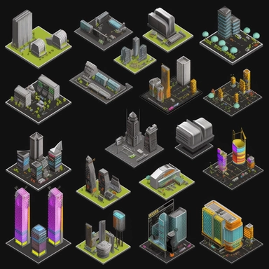 spritesheet of futuristic city buildings, isometric perspective, game sprite, sci-fi, fun, creative, cartoon, clipart, hyper-detailed, black background,