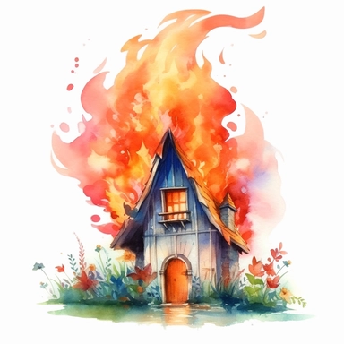 watercolor cute fire fairy flower House , wings, flame around, detailed, hd, clipart
