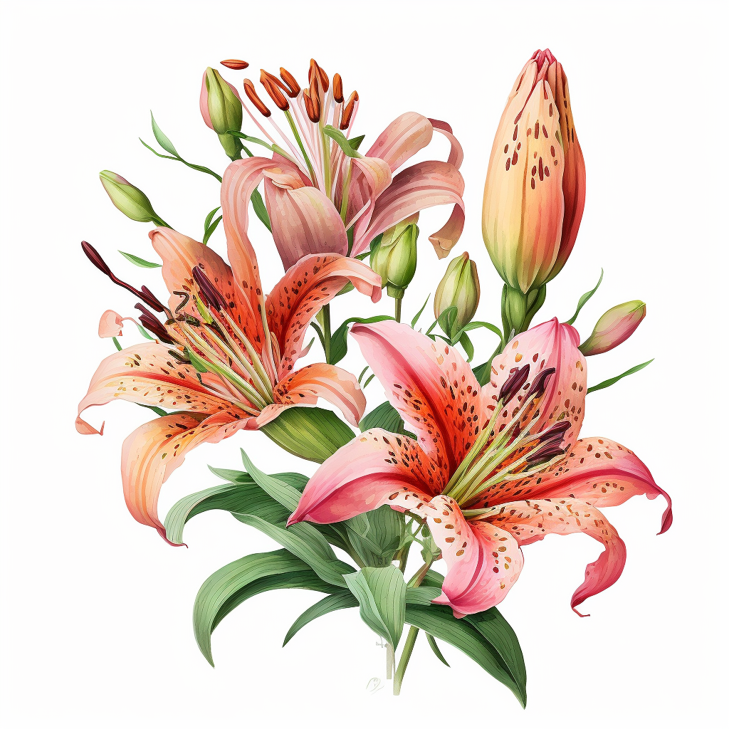 Watercolor realistic detailed pink tiger lily bouquet clipart, white ...