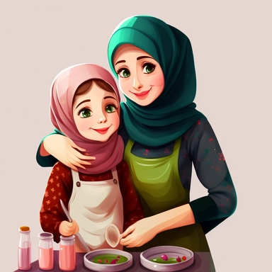As a woman wearing hijab 28 - year - old making dinner, little kid six - year - old beside the woman, cartoon character, art, image clipart, high definition drawing, clean colors, balanced colors