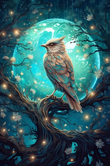clipart, tarot card, high quality, fantasy forest, fantasy bird, full moon, light brown, turquoise, white, glitter, galaxy