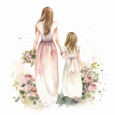 Mom and daugther wedding guests, from the back, clipart flowers, watercolor, white background