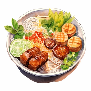 watercolor, hyper realistic, white background, white margins, 16k, ultra detailed clipart, cut out image, hand-drawn a Vietnamese bowl of bún chả, featuring grilled pork patties, vermicelli noodles, fresh herbs, and a tangy dipping sauce. in the style of anime art, frostpunk, photo-realistic drawings, villagecore, lively and energetic, high quality, anime