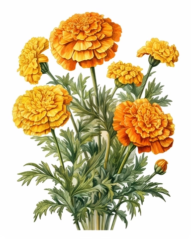 detailed vibrant watercolor bridal bouquet of 8 large light yellow marigold flower less leaves , isolated on white background, realistic, clipart