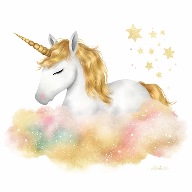 one gold glitter unicorn clipart with a rainbow an fluffy gold clouds,, white background