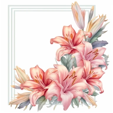 a beautiful and elegant pastel colored lilies arrangements square frame, in the style of a florist, clipart, only white background, 2d, flat