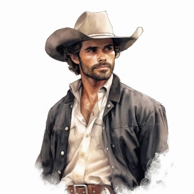 beautiful stunning handsome vintage cowboy man, tarot style, paint art style, clipart, white background, superrealistic, one of a kind