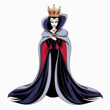 2d thick-lined clipart illustration of an evil but beautiful countess, in the style of 1959's sleeping beauty movie, white background