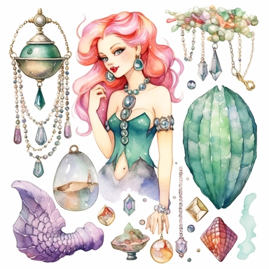 watercolor clipart mermaid clipart , jewels, treasure chest, pearls , shells with pearls, cute fish, seaweed , cartoon detailed