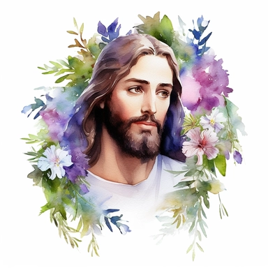 A photorealistic watercolor clipart illustration of a high-definition of a portrait of Jesus Christ, adorned with ultra-realistic flowers, greenery, and butterflies, isolated on a white background, in the style of ultra-detailed watercolor clipart illustrations, hyperrealistic watercolor clipart illustrations, UHD watercolor clipart illustrations, religious watercolor clipart illustrations, intricately detailed watercolor clipart illustrations, flawless watercolor clipart illustrations, beautifu