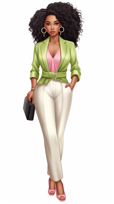 full body stylish African American woman clip art wearing salmon pink and apple green suit and heels, medium curly hair, white background