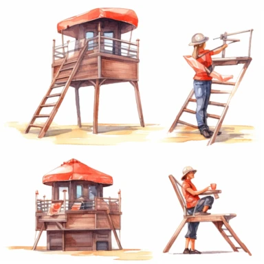watercolor beach lifeguard on highchair with binocolurs in hand looking in the ocean , illustrations clipart set, simple, , cartoon elements ,different variants , separate elements with a margin, wooden and plastic elements elemets, helicopter, lifesaver boat, jetski ,4k, high resolution