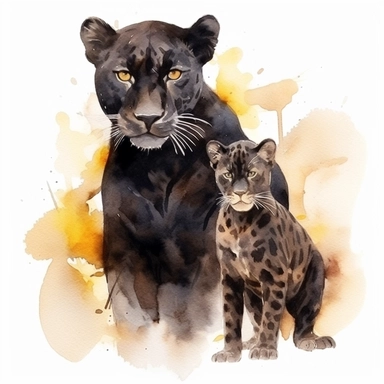 watercolour clipart, black panther and baby panther, full body, domineering, rich earth tones, sublimations