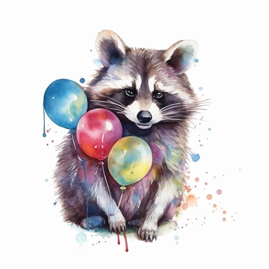 please create watercolor clipart of a raccoon smiling, wearing party BALOONS AND GUM and bubbles, colorful, WHITE BACKGROUND