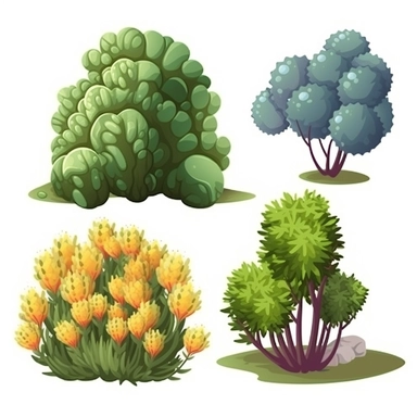 Bushes and plants 4x4, cartoon style art, classic 2D vector art with white background, high detail, clean lines, solid white background, clipart, clip art, bright colors
