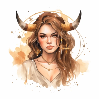 Taurus zodiac sign as fantasy girl with nose ring and earnings, and brown hair, Watercolor Zodiac Sign Clipart Astrology