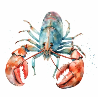 Lobster watercolor style clipart, drawing, in light pink and white, very light turquoise blue and, on a white background