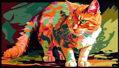 Expressionist cat Painting: ginger cats silute with tail held haigh, Vibrant Colors, pink + green, Intense Emotions, Fauvism, art deco, pop art deco nouveau, flat 2d vector design, illuminati, clipart, detailed trace