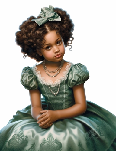 gorgeous african american baby girl with green eyes in vintage victorian dress, clipart, Composition: Relaxed position with intricate high hairstyle, Style: gothic, white background, hyperrealism, 32k