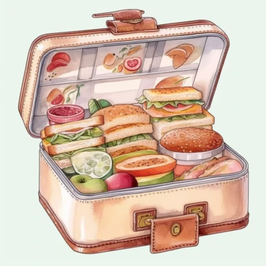 isolated illustration on a white background, a school lunch box, Clipart, watercolor, realistic, 32K, watercolor realistic, hyperrealistic and highly detailed, soft outline, feminine style,pastel very soft pink beige and white colors